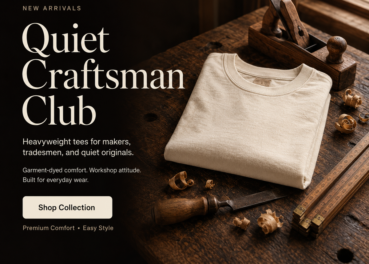 A folded cream-colored heavyweight t-shirt is displayed on a rustic dark wooden workbench alongside woodworking tools, with promotional text on the left reading 'Quiet Craftsman Club'.